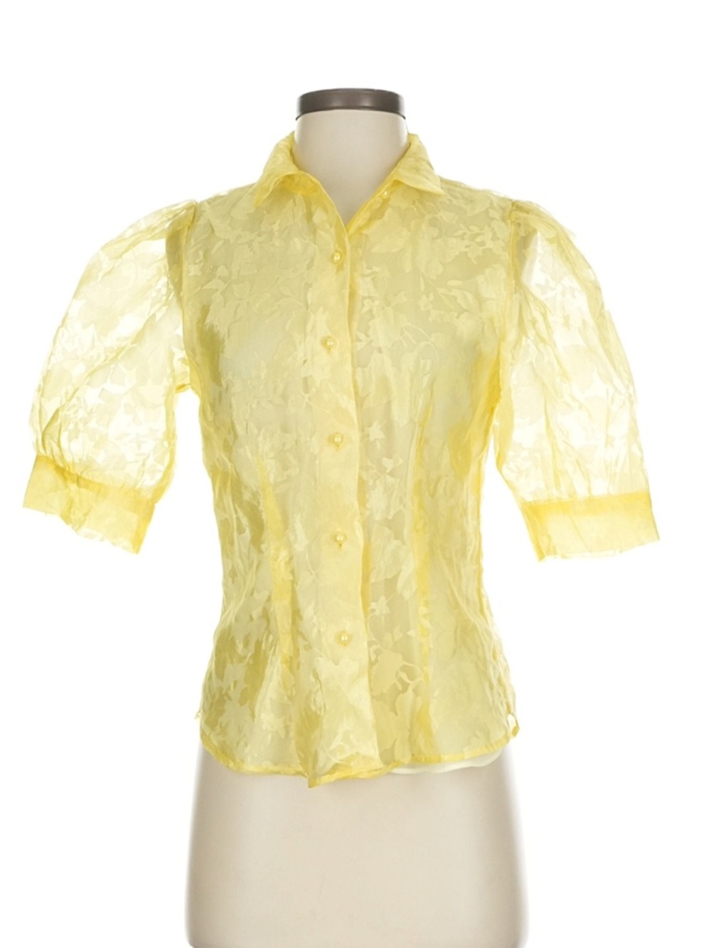 Haute Monde Pale Yellow Floral Semi-Sheer Puff Sleeve Blouse